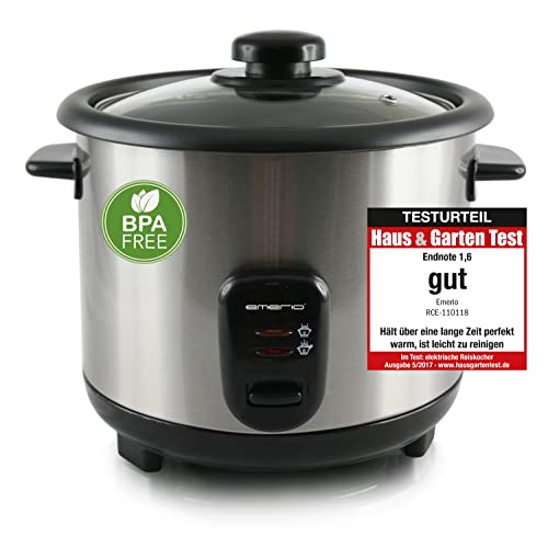 EMERIO automatischer Eco Reiskocher | 1.5L Volumen | Warmhaltefunktion | Auto Off | Antihaftbeschichtung | Glasdeckel | inkl Reislöffel + Messbecher | Schongarer | 500 Watt | Edelstahl | RCE-110118.5