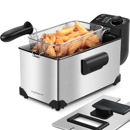 Aigostar Ushas - Fritteuse 3L, 2200 W, Transparenter Deckel, Herausnehmbare Innenpfanne, Einstellbarer Thermostat, Wedelstahl, BPA-frei
