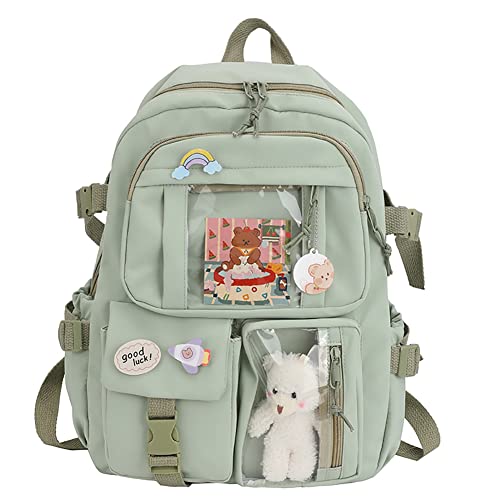 LYEAA Kawaii Rucksack mit Pins & Plüschtier-Anhänger, Frauen Mädchen adretter Stil PVC Patchwork Transparenter Rucksack Schultasche Große Kapazität Rucksack Handtaschen, Stil D, Grün