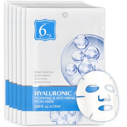 6 Stück Feuchtigkeitsspendende Tuchmaske, Beauty anti Falten Maske, Gesichtsmaske Mit Hyaluronsäure, Repariert Hautbarrieren, Hydrating Mask Gesicht Reduziert Falten für die Meisten Haut, Blau