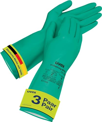 Uvex profastrong NF33, 3 Paar - Chemikalienschutzhandschuh gegen Öle, Fette, Säuren & Lösungsmittel - abriebfest, resistent & feinfühlig - grün - Größe 09/L