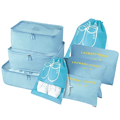 Vicloon Koffer Organizer, 8-in-1-Set Gepäck Organizer, wasserdichte Reise Kleidertaschen umfassen 2 Schuhbeutel, 3 Packwürfel und 3 Aufbewahrungsbeutel, für Kleidung Schuhe Kosmetik - Koreanisch Blau
