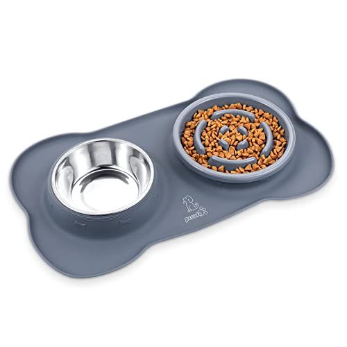 pecute Langsame Fütterung Hundenapf, Futternapf Fressnapf mit Rutschfesten Silikon Tablett Matte, Schüsel Lebensmittel Wassernapf für Mittlere und Kleine Haustiere Grau (M-13oz, 400ml/Schüssel)