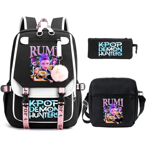 Mengmiao KPOP De-Mon H-Hunters Schulset – 3-teiliges Set mit Rucksack Huntrix, Umhängetasche & Federmäppchen, Anime Schulrucksack Huntrix Jungen & Mädchen, Unisex Tasche für Schule, Freizeit & Reisen