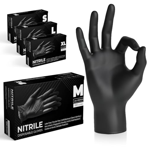 The Real Touch Einweghandschuhe, Schwarze Nitrilhandschuhe - 100 Stück Handschuhe, Puderfrei & Latexfrei Handschuhe Einweg, Einmalhandschuhe für Küche, Reinigung, und Medizin
