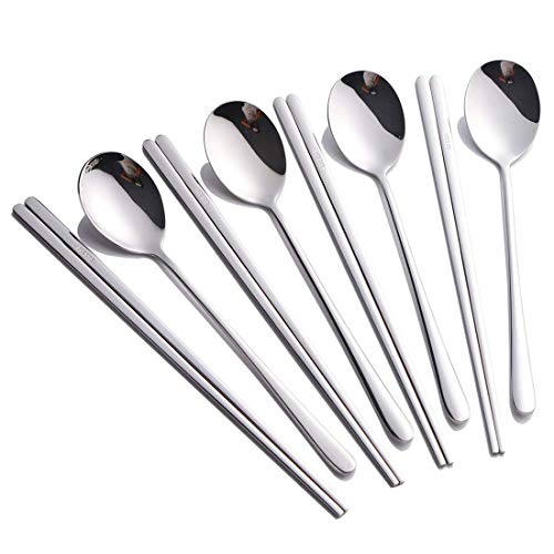 Buyer Star 4 Sätze flaches Essstäbchen Koreanischer Löffel 8 Stück Rostfreier Stahl Stäbchen Löffel Edelstahl Löffel Set (Silber)