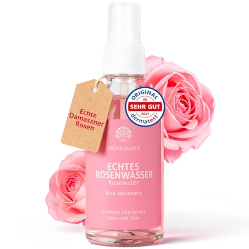 GRÜNE VALERIE® Rosenwasser Spray - XXL 300 ML - für eine reine Haut - Gesichtswasser ohne Alkohol - mit echten Rosenblüten - bei unreiner Haut & Pickel - Damaskus Rosen - DERMATEST:'Exzellent'