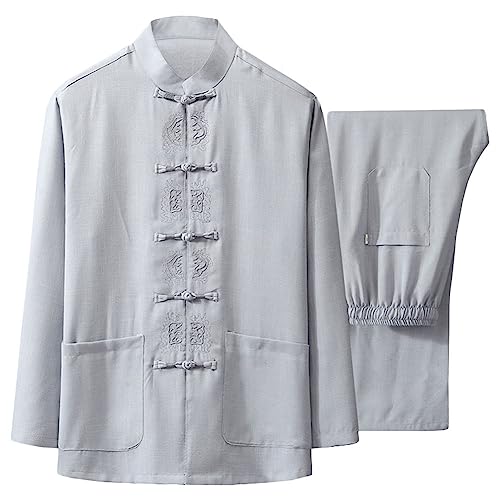 G-LIKE Herren Kungfu Tang Anzug - Traditionelle Chinesische Kampfkunst Taichi Shaolin Wushu Qigong Langärmelig Gestickt Training Freizeit Kleidung Uniform Jacke Hose (Grau, M)