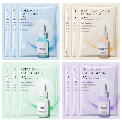 Jorun 12 Pcs Essence Hydrating Sheet Face Mask Set - Koreanische Blattmasken Feuchtigkeitsspendende, Anti-Aging, Hautton aufhellen Gesichtsmasken - Vegane Gesichtsmaske Hautpflege für alle Hauttypen