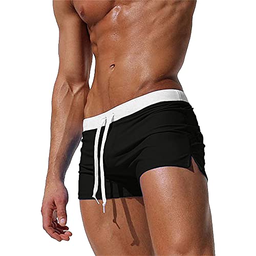 TMEOG Badeshorts für Herren Badehose Kurz Badehosen Männer Eng Schwimmhose Boxer Badepants Wassersport Kurze Hose Schnelltrocknende Strandshorts mit Reissverschluss (EU XL/Tag 2XL, Schwarz)