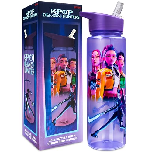 KPop Demon Hunters Offiziell Trinkflasche Mädchen 25oz/700ml, Auslaufsichere Flasche mit Strohhalm und Schraubdeckel, Rumi Mira Zoey, Anime Geschenke