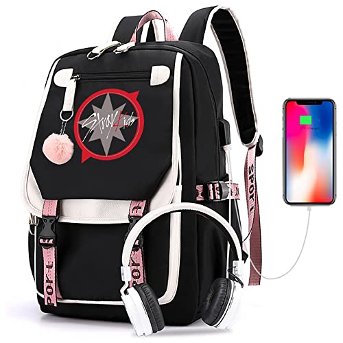Stray Kids School Backpack Merchandise, Features USB and Audio Cable Interface Breakers, Suitable For Students, Kpop Stray Kids Laptop Backpacks and Casual Backpack