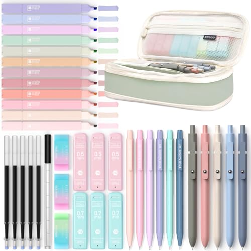 Four Candies 39 Stück Schulsachen mit Mäppchen, 12 Pastell Textmarker, 5 Gelstifte, 6 Druckbleistift Set, Aesthetic Stifte und Coole Sachen für Teenager Mädchen School Stuff Clean Girl (Grün)