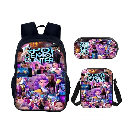 Generisch Demon Hunters Schulset – 3-teiliges Set mit Rucksack, Anime Schulrucksack Jungen & Mädchen, Umhängetasche & Federmäppchen,HUNTR/X Gaming & Unisex Tasche für Schule & Reisen(J)