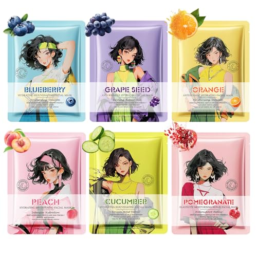 Altherona 6 Stück Tuchmasken Gesicht, Daily Care Gesichtsmaske Frauen mit Obst Pflanzenextrakte, beruhigend Tuchmaske, Gesichtspflege Set für Teenager Mädchen Geschenke, coole Sachen für Mädchen