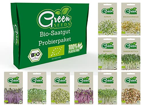 Green SEEDS - BIO Keimsorten Probierset Sprossen Samen & Microgreens zum selbst züchten - Saatgut 10er Probierpaket - Starter-Set für Sprossenglas & Kressesieb - Verpackt in nachhaltigem Graspapier