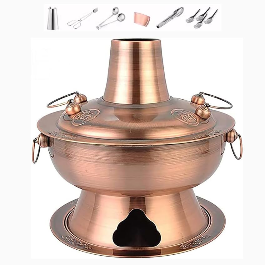 Yiustldd Mongolischer Hot Pot, klarer Suppen-Hotpot und chinesischer Holzkohle-Heiztopf sind geeignet mit Schornstein, mit Undichter Löffel und Löffel,Messing,28CM