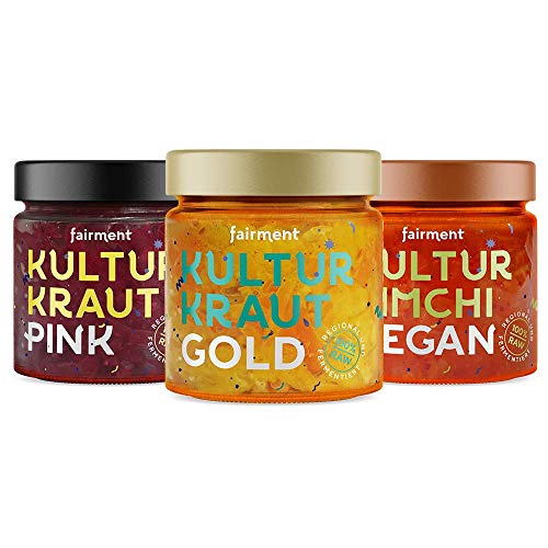 Fairment Bio Kultur-Kraut Probiermix (3 x 330g), Kultur Kimchi vegan, Kultur Kraut Gold, Kultur Kraut Pink