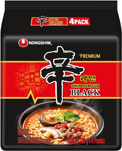 Nong Shim Instantnudeln Shin Ramyun Black – Koreanische Rindfleisch Ramen Suppe scharf mit Knoblaucharoma - schnelle Zubereitung – 1er Vorteilspackung - 4 x 130g