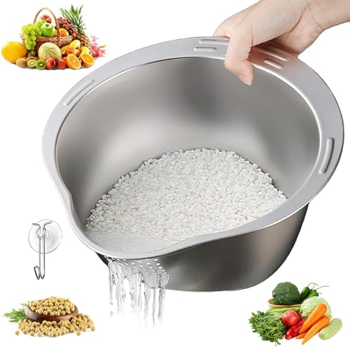 Reis Waschschüssel, 304 Edelstahl Reissieb mit Ausgießer, Lebensmittelecht Reiswaschschüssel zum Abtropfen & Waschen von Reis Obst Gemüse Quinoa und Nudel