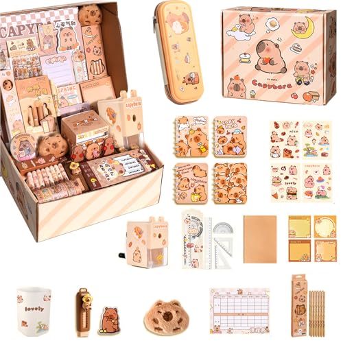Flanliy Capybara Schreibwaren Set |Capybara Sachen Federmäppchen Aesthetic Groß Mit Bleistifte, Aufkleber, Bleistiftspitzer,Süßes Schreibwaren Geschenkset für Kinder (A)