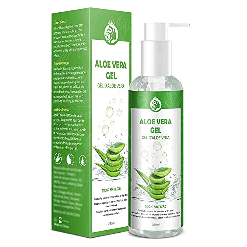 Aloe Vera Gel 100% Pur - für Gesicht Haare Körper - Natürliche, Beruhigende und Pflegende Feuchtigkeitscreme After Sun - Ideal Naturkosmetik für Trockene, Strapazierte Haut & Sonnenbrand - 250ml