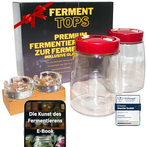 GREEN WISE Fermentierglas Set 2er – je 1,4 L mit Gärventil & Deckel – inkl. 2 Fermentiergewichte – Einmachgläser zum Fermentieren von Gemüse, Sauerkraut & Kimchi – luftdicht & lebensmittelecht