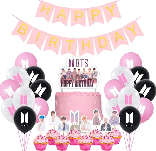 54 Stück BTS Geburtstagsdeko Set, Bangtan Boys Geburtstag Party Zubehör,1 Happy Birthday Banner, 1 Tortendeko, 22 BTS Cupcake Topper, 30 Rosa Latex Ballon, Happy Birthday Party Rosa Deko für Army