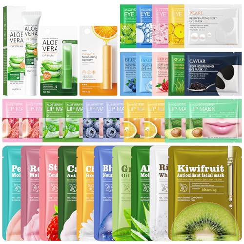 33 Stück Gesichtsmaske Tuchmasken Gesicht für Alle Hauttypen Geeignet, Feuchtigkeitsspendende und Beruhigende Gesichtsmaske, Augenpads, Lippenmasken, Lippenbalsam, Augencreme Set für Frauengeschenke