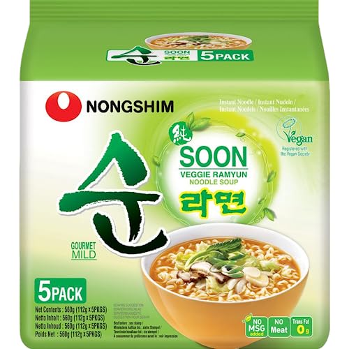 Nong Shim Instantnudeln Soon Veggie Ramyun – Koreanische Gemüse Ramen Suppe mild - schnelle Zubereitung – 1er Multipack - 5 x 120g