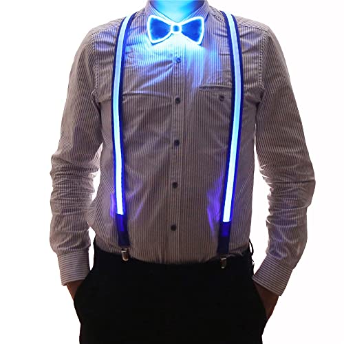 Brejkdo 2 Stück/Set, leuchtende Herren-LED-Hosenträger und Fliege, perfekt für Musik, Festival, Halloween-Kostümparty (Blau)