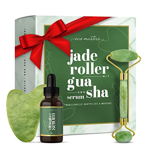 Jade Roller mit Vitamin C Serum & Gua Sha - Massage gegen Augenringe & Falten - Anti Aging Pflege Set mit Premium Gesichtsroller - 100% Jade Stein Beauty Rolle für Gesicht - Massagegerät - Skincare