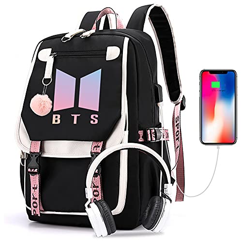 Kpop BTS School Backpack Merchandise, Features USB and Audio Cable Interface Breakers, Suitable For Students, BTS Laptop Backpacks and Casual Backpack