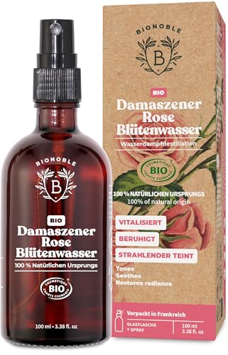 Bionoble Rosenwasser Bio 100ml - Hydrolat aus Damaszener-Rosen 100% Rein und Natürlich - Gesicht, Augenpartie, Körper, Haare - Rose Water - Glasflasche + Spray