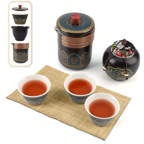 Japanisches Teekanne Set,Tragbar Japanisches Teeservice,Chinesische Teekanne Kit aus Keramik,1 Teekanne (250ml/8.5oz) + 1 Teekanister (180ml/6oz) + 4 Teetassen (46ml/1.6oz),Travel Porcelain Tee-Set