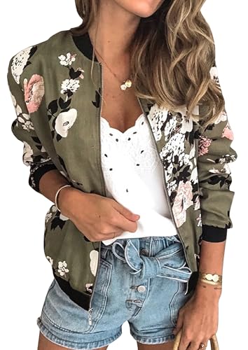 ECOWISH Damen Casual Jacke Blumenmuster Langarm Bomberjacke Reißverschluss Stehkragen Outwear Kurz Coat Herbst Frühling 333Armeegrün Medium