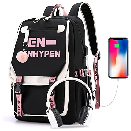ENHYPEN School Backpack Merchandise, Features USB and Audio Cable Interface Breakers, Suitable For Students, Kpop ENHYPEN Laptop Backpacks and Casual Backpack