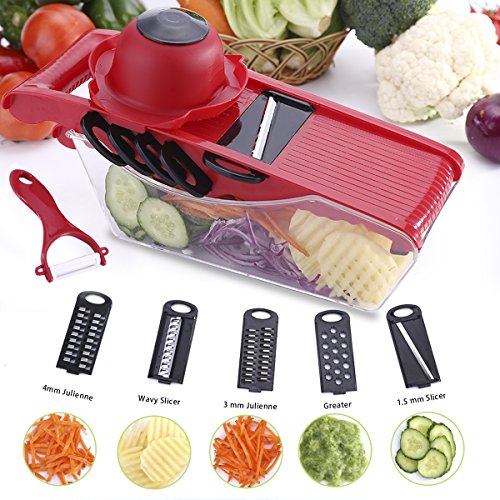 Mandoline Slicer Gemüse Schneider - 5 in 1 Multi Gemüsehobel, Mandoline Reibe für schneide, Gemüse Obst schnell und gleichmäßig Gemüseschneider Slicer mit 5 verschiedene Wechselklingen (Rot)