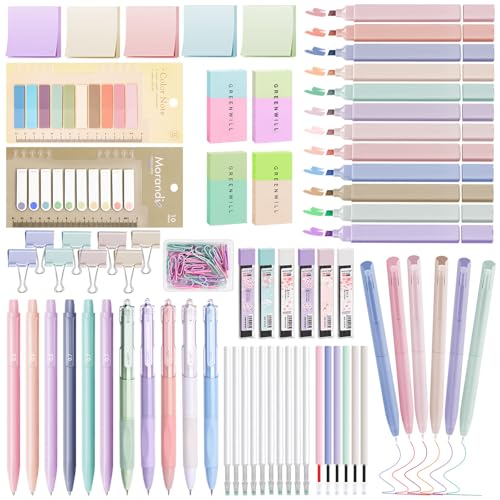 Focxoio 120 Stück Ästhetische Schulsachen Set mit 12 Textmarker Pastell, 11 Gelstifte, 6 Druckbleistift Set, Aesthetic School Stuff für Teenager Mädchen Stationery Sets