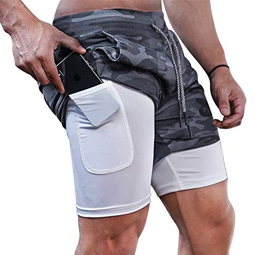 Superora Herren Sport Shorts Laufshorts 2 in 1 Kurze Running Sporthose Fitness Training Mit Eingebaut Taschen - DE Grösse L/Asia XXL