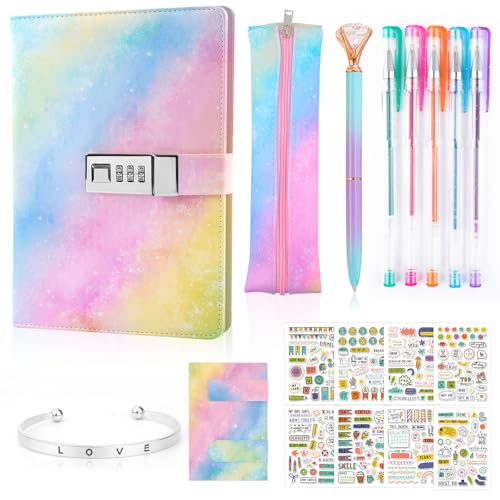 Coosilion Tagebuch mit Schloss Geschenke für Mädchen 6 7 8 9 10 11 12 13 Jahre, Geschenke für Mädchen Teenager alter 6-15 Notizbuch Mädchen Tagebuch mit Code Mäppchen Armband Reisetagebuch