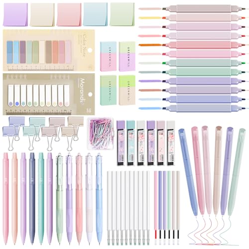 Focxoio 120 Stück Ästhetische Schulsachen Set mit 12 Textmarker Pastell, 11 Gelstifte, 6 Druckbleistift Set, Aesthetic School Stuff für Teenager Mädchen Stationery Set