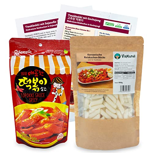 Koreanische Reiskuchen & Topokki Sauce Set - Inkl. Broschüre mit Kochrezepten und Videoanleitungen für würzige Reisnudel-Gerichte - 400g Reis-Sticks für Tteok-bokki & 150g Soße