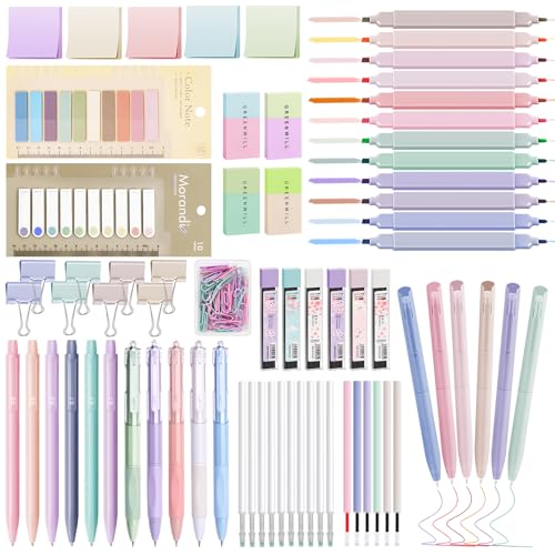 Focxoio 120 Stück Ästhetische Schulsachen Set mit 12 Textmarker Pastell, 11 Gelstifte, 6 Druckbleistift Set, Aesthetic School Stuff für Teenager Mädchen Stationery Sets