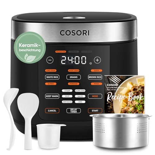 COSORI Reiskocher, Keramikbeschichtung, Rice Cooker 5 L, Multikocher mit 17 Programme, Fuzzy-Logik, Dampfgarer mit Edestahleinsatz, Warmhaltefunktion, Timer, Schwarz