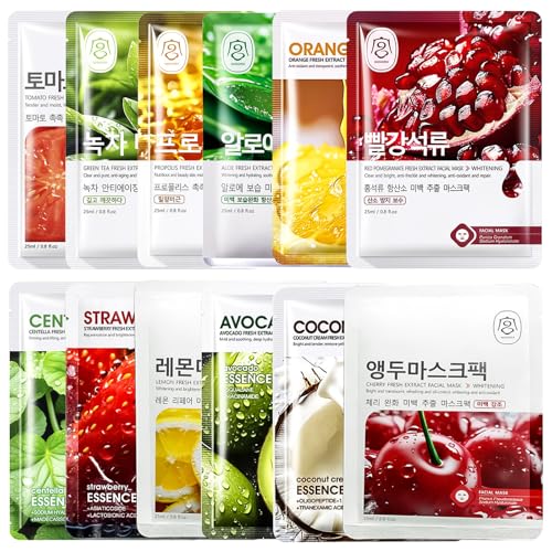 12 Pcs Gesichtsmaske Korea Koreanische Gesichtsmaske Korean Face Mask Gesichtsmasken Set Tuchmasken Gesicht Skincare Feuchtigkeitsmaske Gesicht