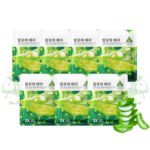 Korean Aloe Vera Gesichtsmaske 7 Stück, Tiefenbefeuchtend Tuchmasken Gesicht, Beruhigend Face Mask, After Sun Gesicht Repair Tuchmaske, Gesichtsmasken Nährende Ölkontrolle, Repariert die Hautbarriere