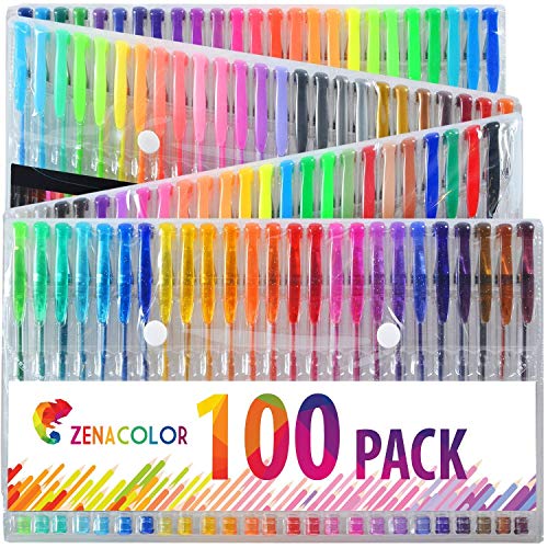 ZENACOLOR - 100 Gel Stifte Set mit extra großem Etui – 100 einzigartige Glitzer Feinliner, keine Duplikate! – Bunte Gel Pens Glitzerstifte Gelstifte Gelstifte Set für Erwachsene